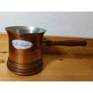 Vintage 5 Inch Copper Le Saucier Label Warmer Pourer Wood Handle Tin Lined Chef